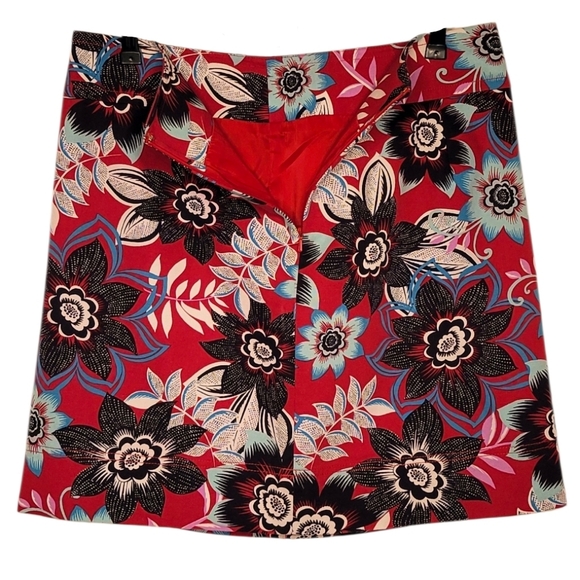 Talbots Red & Black Floral A-line Twill Skirt Size 10 - Picture 2 of 4
